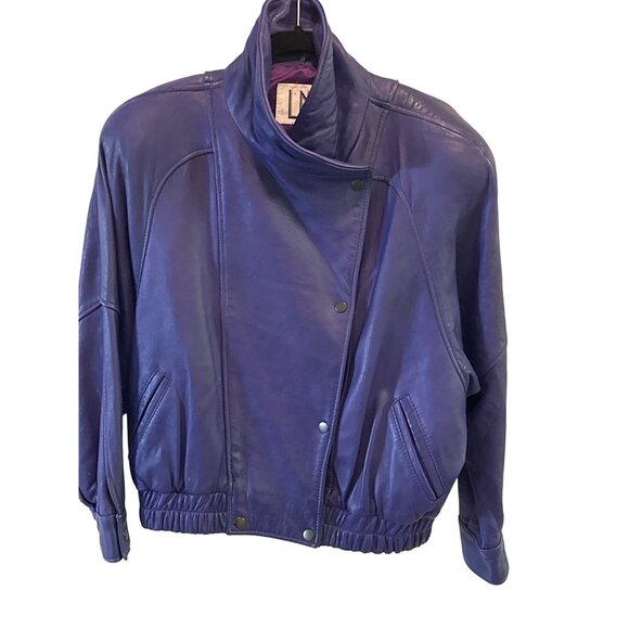 LNR Size M Vintage Cobalt High Collar Genuine Leather Jacket Snap Front Womens - Picture 2 of 11